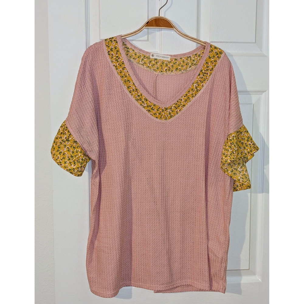 FSLT Apparel Pink Waffle Knit Top Floral Trim Ruffle Short Sleeve Blouse 1X